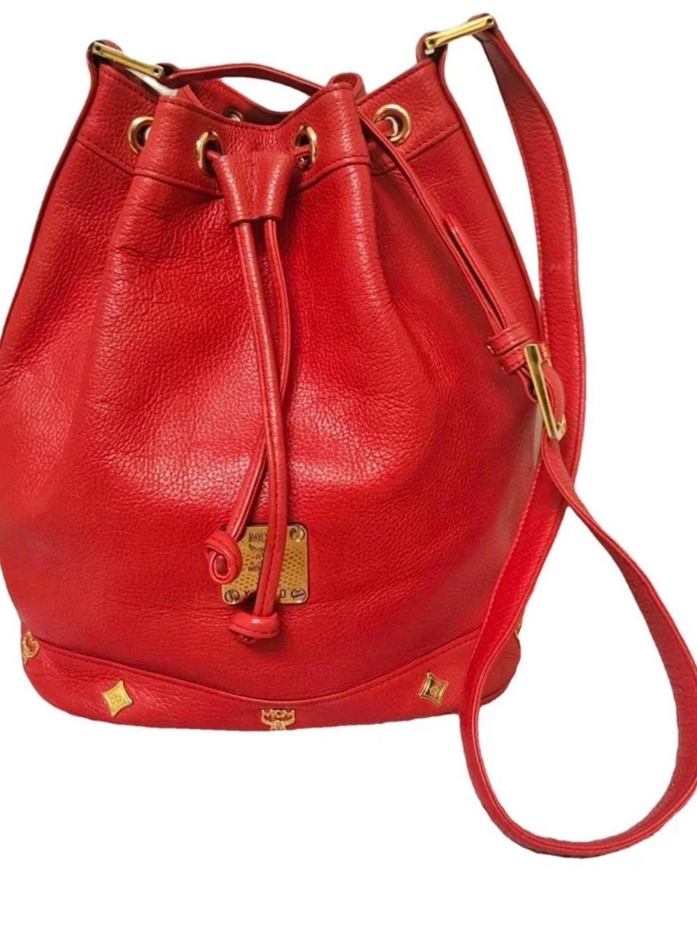MCM Red Pebbled Leather Drawstring Bucket Bag